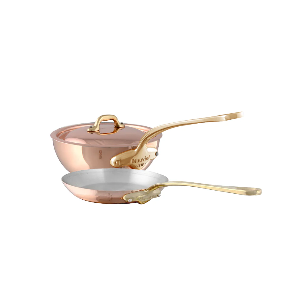 Mauviel M'Heritage M'150 B Copper Chef Pan With Lid 2.1-Qt and Fry Pan 10.2-In, Brass Handles